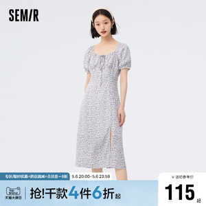 森马连衣裙女开叉雪纺裙浪漫2023新款夏季森系方领碎花茶歇裙法式