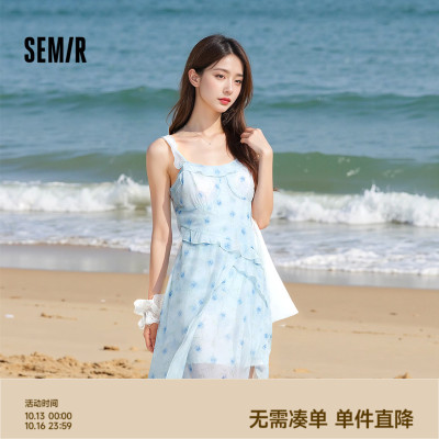 森马吊带荷叶边碎花雪纺连衣裙女
