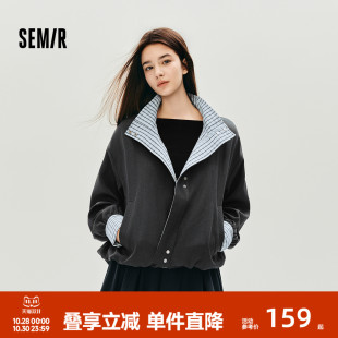 森马外套女秋季 复古风文艺通勤夹克 花苞拼接格子宽松立领2025新款