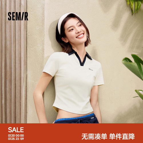 森马绣花修身正肩短款POLO衫女