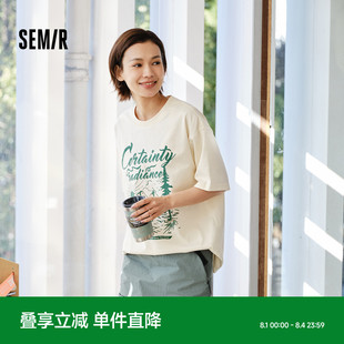 T恤女中长款 2024新款 森马短袖 潮流宽松夏季 美式 复古印花上衣个性