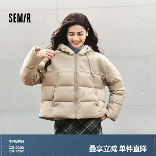 森馬棉服女拼接寬松棉衣復(fù)古時尚 毛絨連帽面包服潮流 新款 2024冬季
