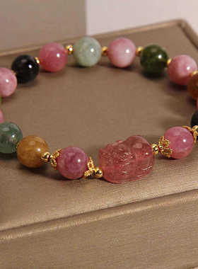 糖果碧玺草莓晶貔貅手链14k包金珠碧玺手链6mm单圈礼品手饰批发