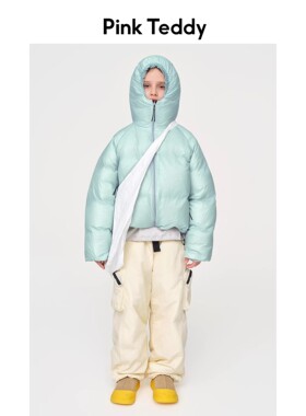 PinkTeddy童装女童蓝色轻量化羽绒服儿童冬季新款连帽面包服外套
