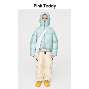 PinkTeddy童装女童蓝色轻量化羽绒服儿童冬季新款连帽面包服外套
