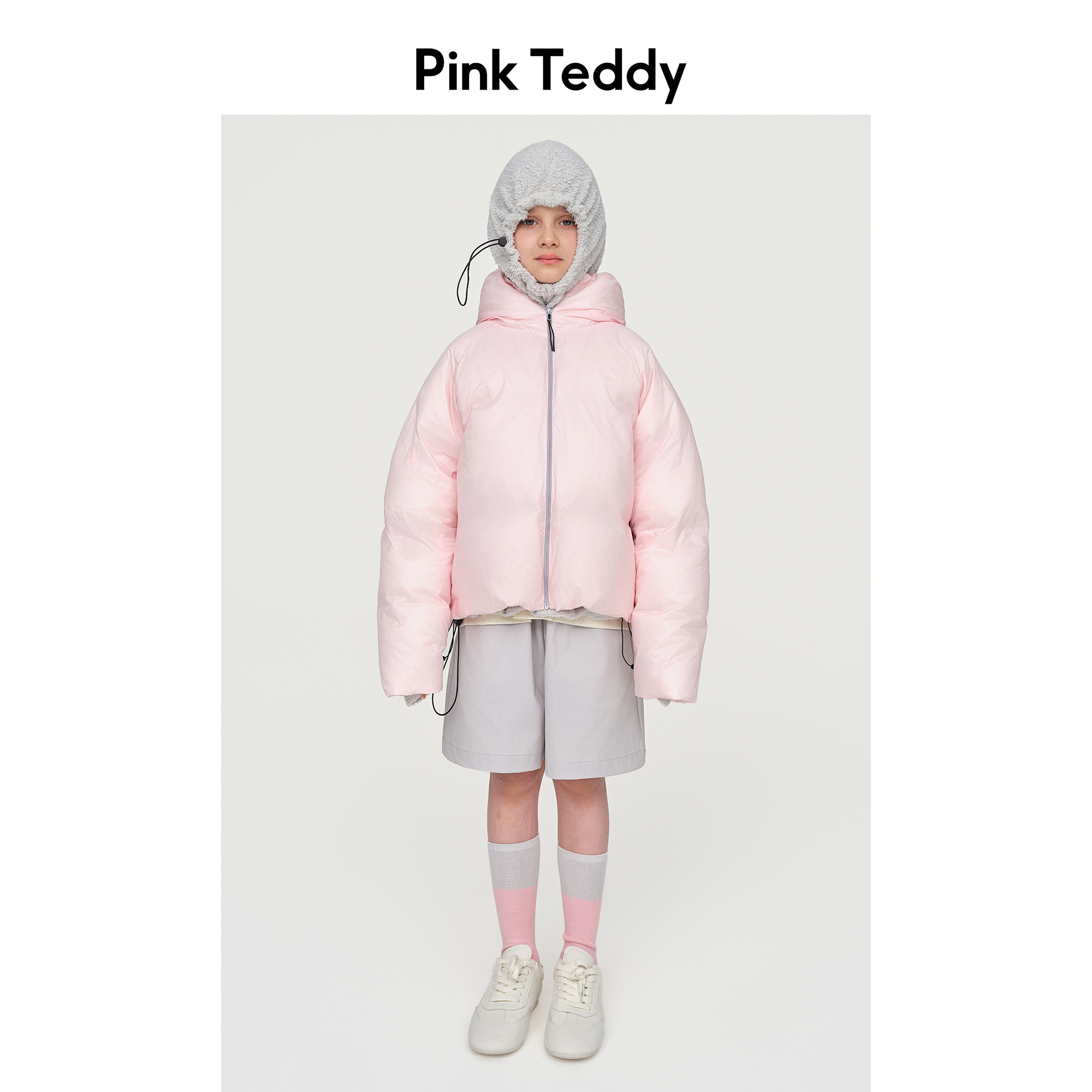 PinkTeddy童装女童粉色轻量化羽绒服儿童冬季新款连帽面包服外套