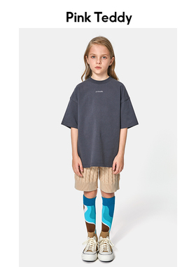 PinkTeddy童装女童短袖T恤印花logo微标圆领落肩儿童纯棉黑色上衣
