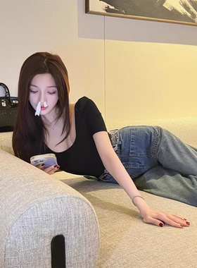 5.27 winema欧货夏季薄款 直筒牛仔裤水洗深蓝色宽松腰头阔腿长裤