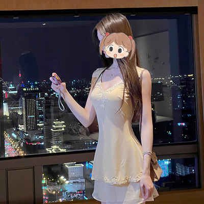 Winema晓雪 蕾丝之王 杏色 刺绣套装 vintage 全网d家深v连衣裙女