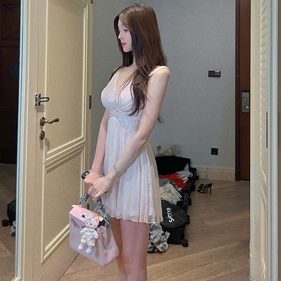 晓雪钉珠手工重磅 水粉色/黑色亮片收腰 古早美女 压褶连衣裙女夏