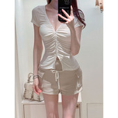 韩女 白色v领tee 宽胯运动裤 Winema晓雪 简约休闲搭配一整套夏季