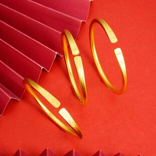 越南古法沙金手鐲平安喜乐镯子女士久不掉色黄铜合金开口戒指饰品