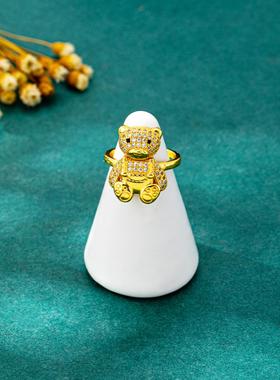 爆款古法沙金镶钻小熊戒指女简约设计感开口指环久不掉色配饰