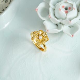 潮流越南沙金食指戒简约民族风镶仿珍珠镂空花朵戒指久不掉色饰品