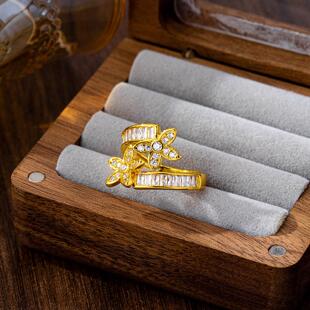 奢华设计感镶锆开口戒指百搭越南沙金花朵指环女潮流久不掉色饰品