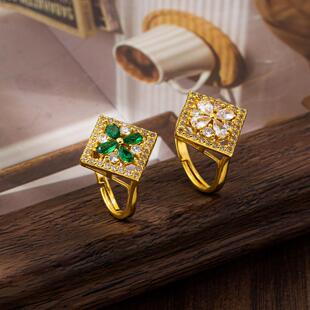 简约镶锆方形花朵活口戒指女轻奢越南沙金食指戒百搭久不掉色饰品