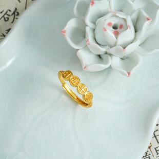 新中式越南沙金指环复古设计感铜钱戒指女国潮久不掉色手饰品货源