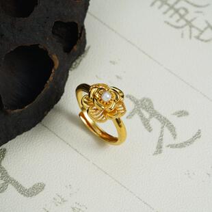 复古越南沙金戒指国潮镶仿珍珠山茶花朵食指戒女百搭久不掉色饰品