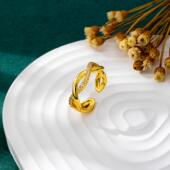 复古越南沙金镶钻交叉线条开口戒指女款 新中式 小众设计感精致指环