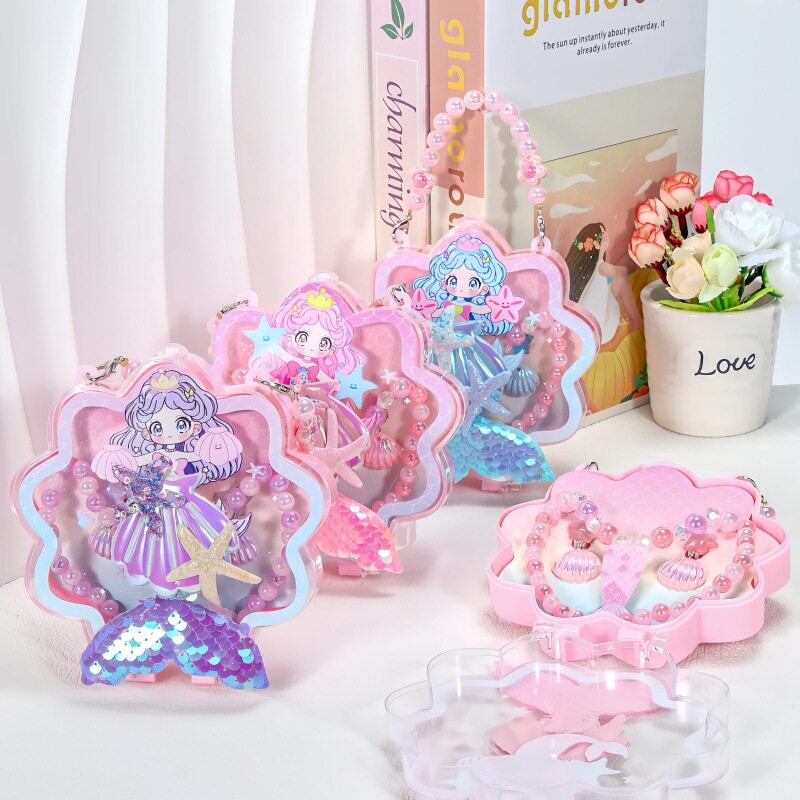新款美人鱼尾盒子贝壳项链耳环发夹组合礼物盒小女孩精致饰品套装