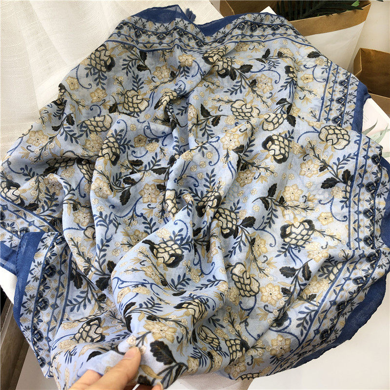 蓝色调棉麻手感夏季围巾女长方形薄款百搭披肩春天度假逛街旅游用