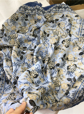 蓝色调棉麻手感夏季围巾女长方形薄款百搭披肩春天度假逛街旅游用