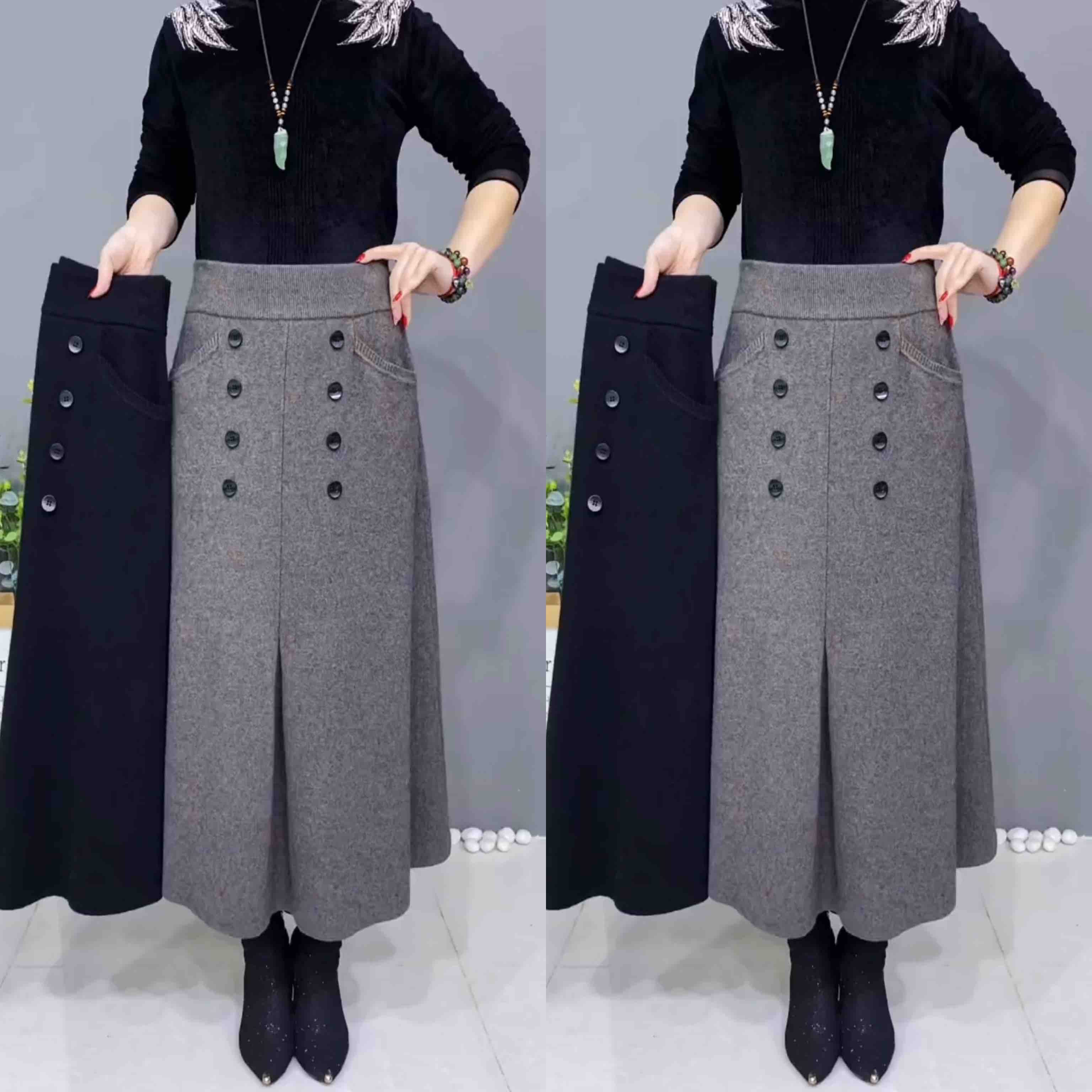 秋冬季女士羊毛裙弹力加厚保暖中款半身裙双排纽扣中长裙宽松显瘦