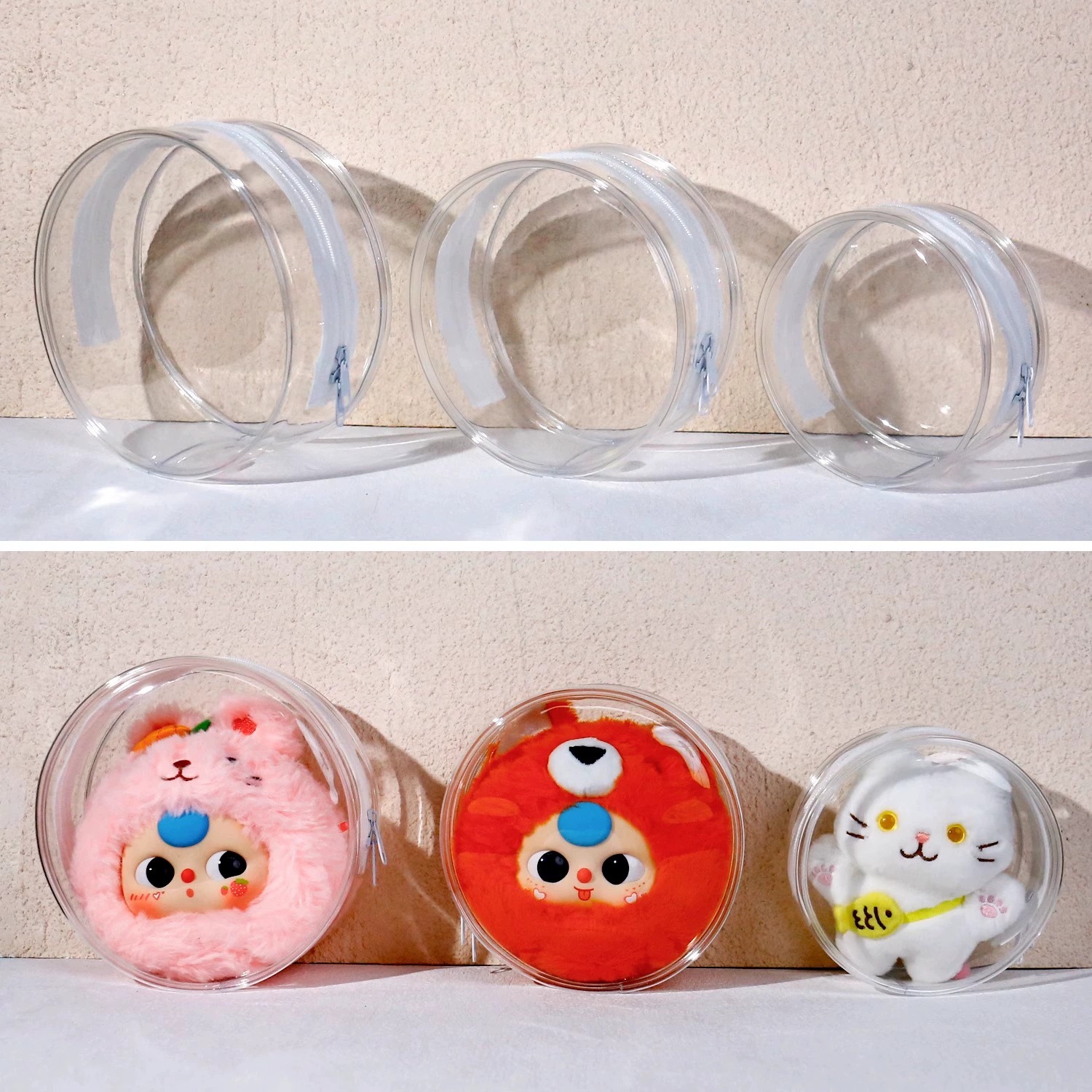 12cm三岁毛绒防尘圆形遛娃包收纳袋保护套团子透明挂件玩偶痛包