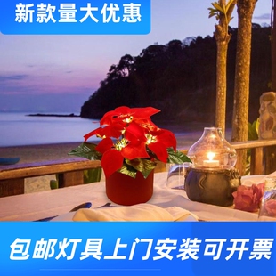 新品圣诞节仿真花小夜灯led一品红圣诞花盆年宵花氛围装饰台工厂