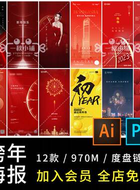 虎年2022元旦跨年春节红色烟花酒吧地产医美简约朋友圈海报模板PS