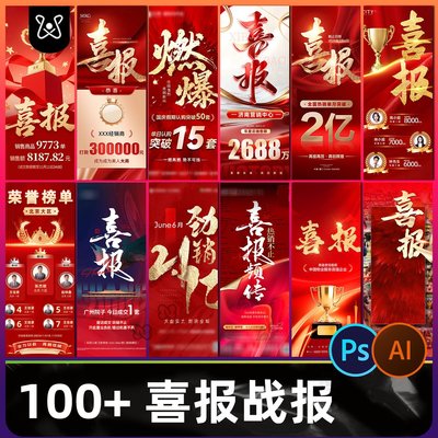 房地产企业销售年终业绩荣誉榜战报喜报红色系列电商海报PSD模板