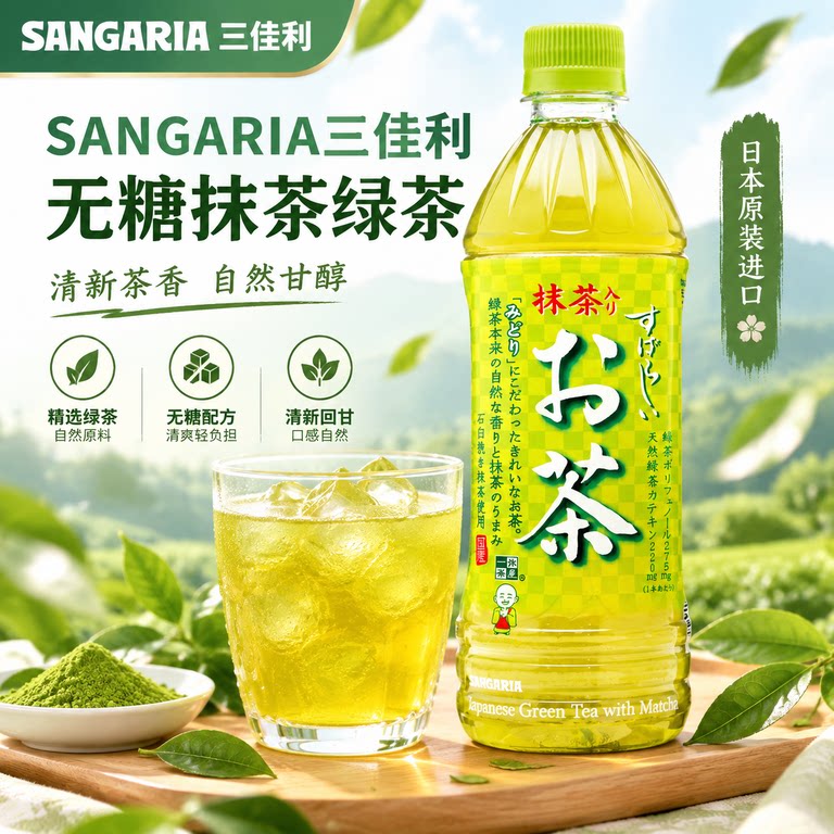 三佳利抹茶绿茶日本进口SANGARIA一休茶屋无糖绿茶饮料500ml/瓶图片