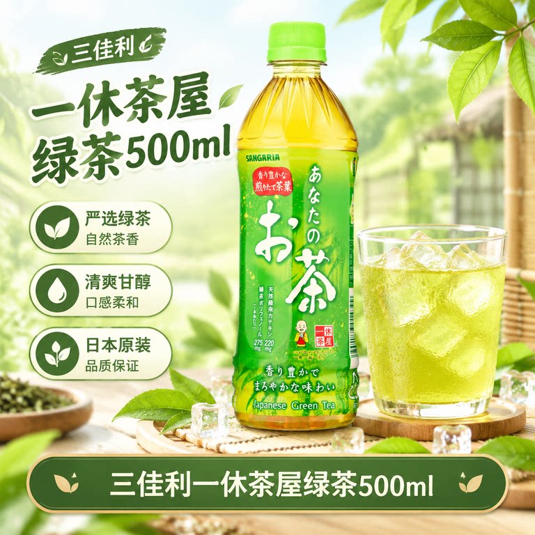 三佳利绿茶日本进口SANGARIA一休茶屋无糖绿茶饮料健康茶饮500ml图片