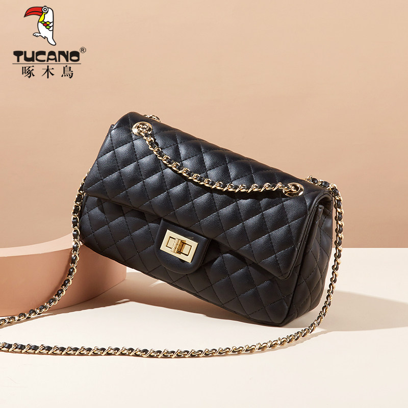 啄木鸟真皮斜挎包女2024新款小香风菱格链条包高级感大容量单肩包