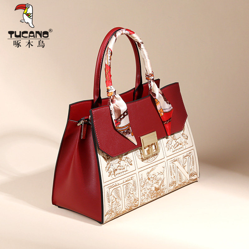 啄木鸟真皮手提女包2024新款新中式婚包红色新年礼物送妈妈包大气