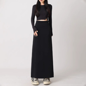 黑色毛呢款 巨好看 大码 半身裙女胖妹妹高腰mm显瘦后开叉直筒长裙