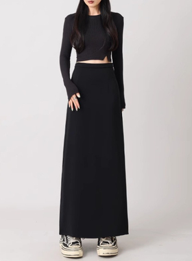 巨好看的大码黑色毛呢款半身裙女胖妹妹高腰mm显瘦后开叉直筒长裙