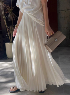 大码设计感松紧腰雪纺半身裙女胖妹妹高腰mm双层压褶a字纱纱长裙