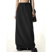大码 美式 休闲运动直筒卫裙女胖妹妹高腰mm显瘦宽松黑色拖地半身裙