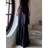 大码 黑色丝滑垂感醋酸缎面半身裙女胖妹妹高腰mm显瘦鱼尾a字长裙