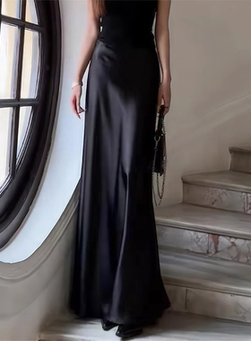 大码黑色丝滑垂感醋酸缎面半身裙女胖妹妹高腰mm显瘦鱼尾a字长裙