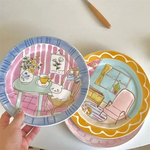 陶瓷盘餐具卡通童趣可爱平盘陶瓷甜品盘家用沙拉早餐盘高颜值韩系