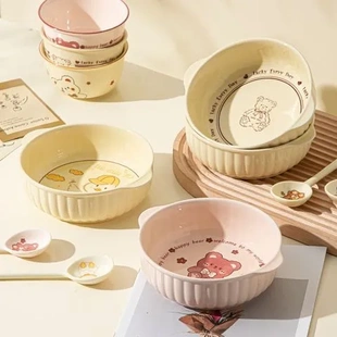 家用微波炉陶瓷碗餐具米饭碗麦片烤碗甜品碗泡面碗双耳碗可爱沙拉
