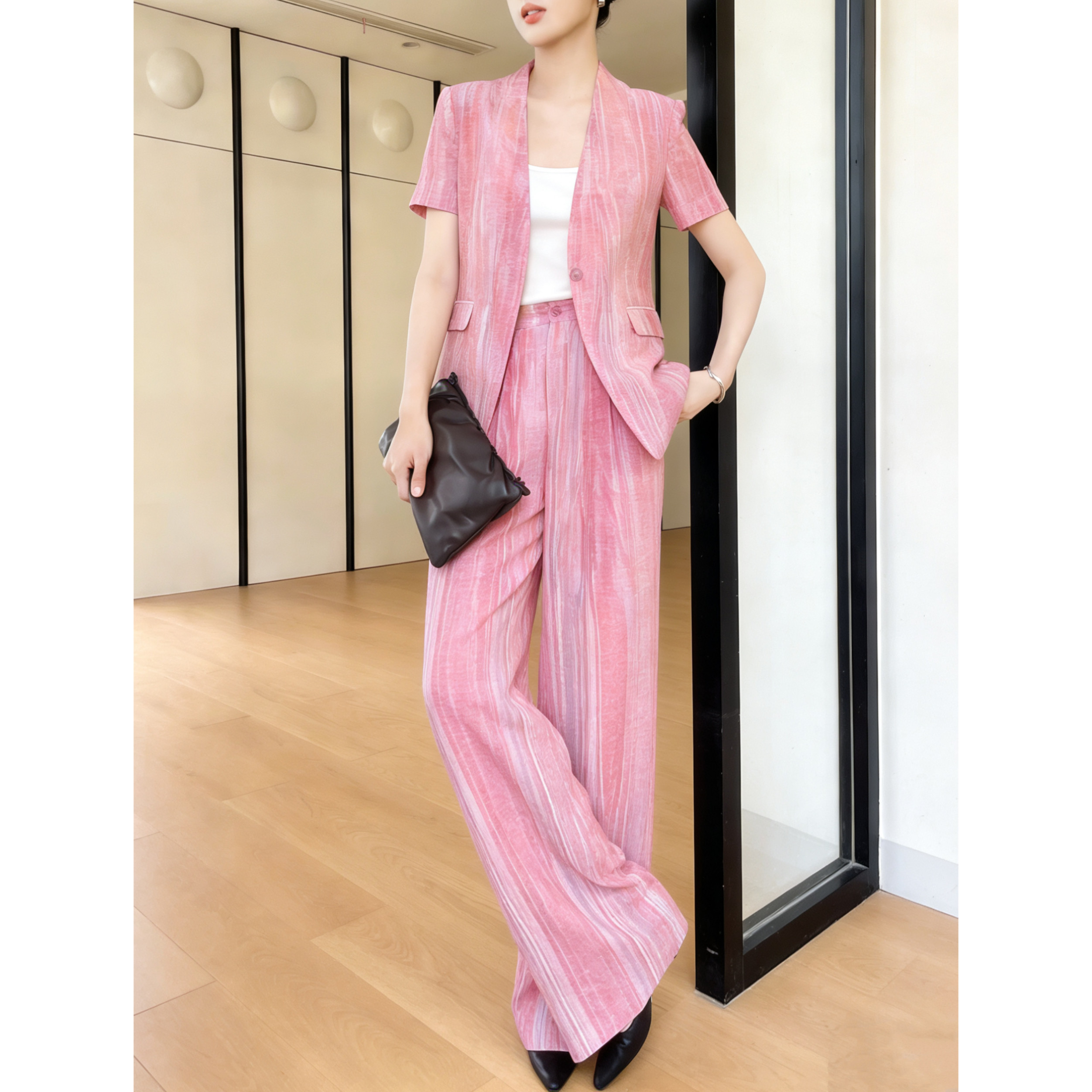 2026夏老钱风西装套装女高级感渐变粉色亚麻西服阔腿裤休闲两件套,女装/女士精品,时尚套装,淘宝优惠券,粉丝福利购,淘宝优惠卷