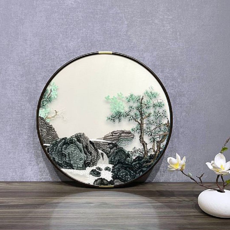 新中式装饰画五福临门刺绣精品苏绣客厅餐厅书房玄关圆形成品挂画图片