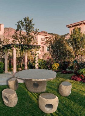 整石石桌石凳青石庭院花园鹅卵石头桌椅凳子自然石户外桌椅摆件