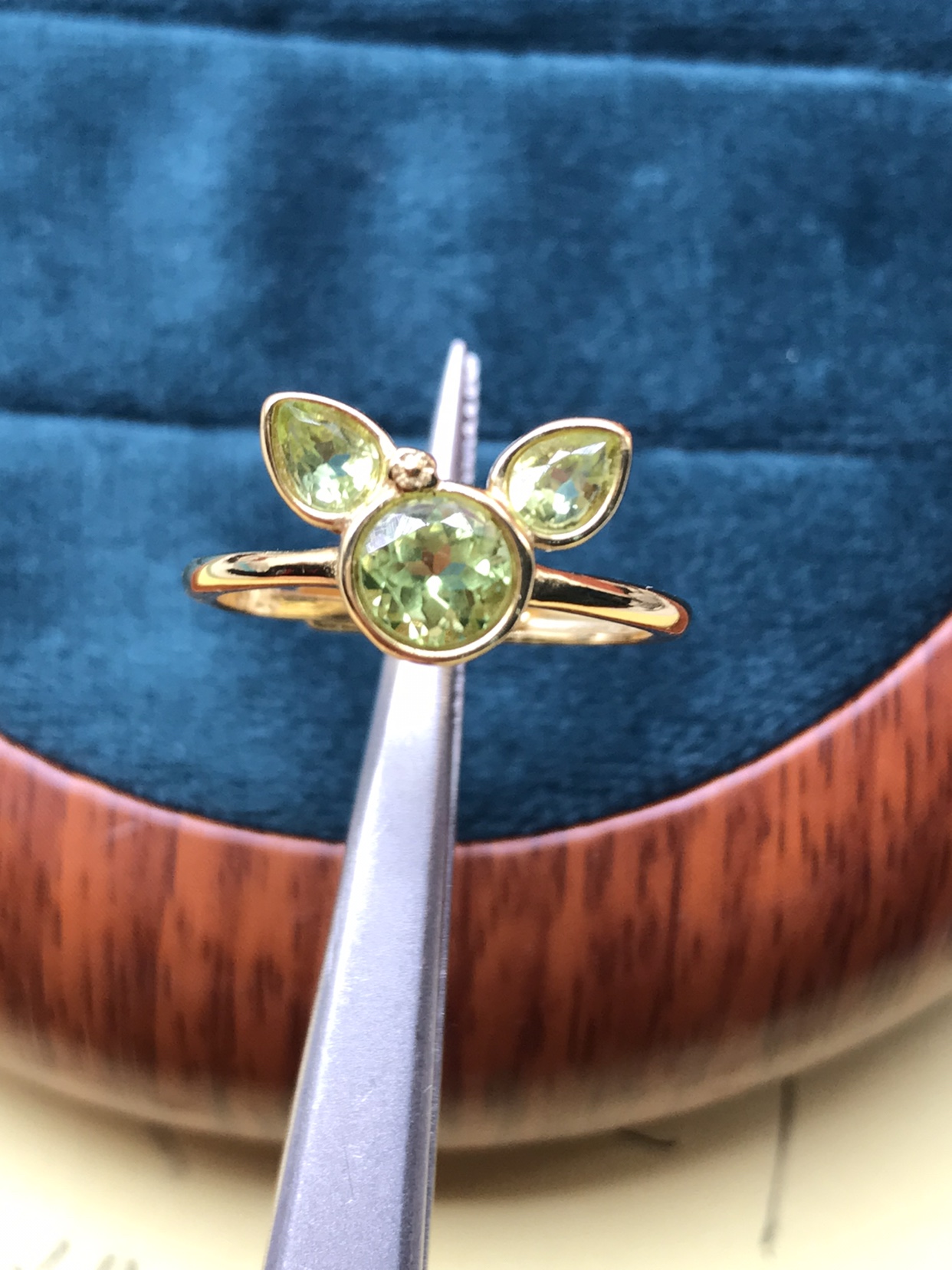 天然橄榄石戒指925银镀黄金橄榄石戒指卡通可爱戒指