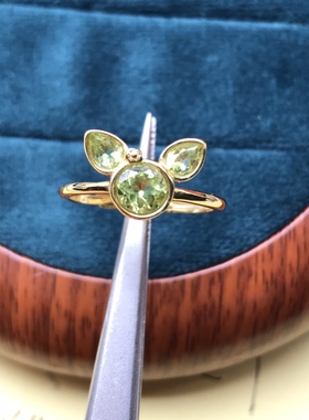 天然橄榄石戒指925银镀黄金橄榄石戒指卡通可爱戒指