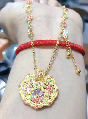 足银999纯银镀黄金珐琅彩项链荷花吊坠时尚国风首饰送女友送妈妈