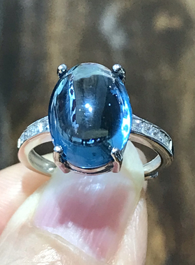 925银镀白金天然伦敦蓝蛋面托帕石戒指女简单大方高级轻奢精致
